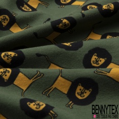 Jersey Coton Elasthanne motif petit lion naïf fond zeste vert