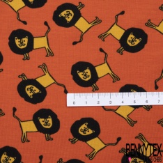 Jersey Coton Elasthanne motif petit lion naïf fond mangue