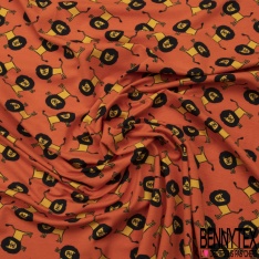 Jersey Coton Elasthanne motif petit lion naïf fond mangue