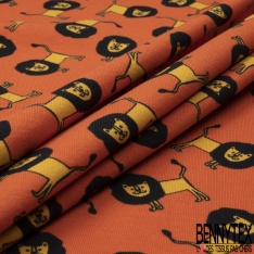 Jersey Coton Elasthanne motif petit lion naïf fond mangue