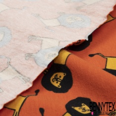 Jersey Coton Elasthanne motif petit lion naïf fond mangue
