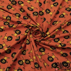 Jersey Coton Elasthanne motif petit lion naïf fond mangue