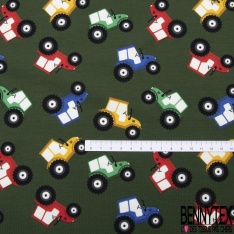 Jersey Coton Elasthanne motif petits tracteurs agricoles fond zeste vert