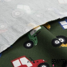 Jersey Coton Elasthanne motif petits tracteurs agricoles fond zeste vert