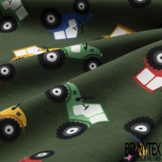 Jersey Coton Elasthanne motif petits tracteurs agricoles fond zeste vert