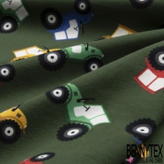 Jersey Coton Elasthanne motif petits tracteurs agricoles fond zeste vert