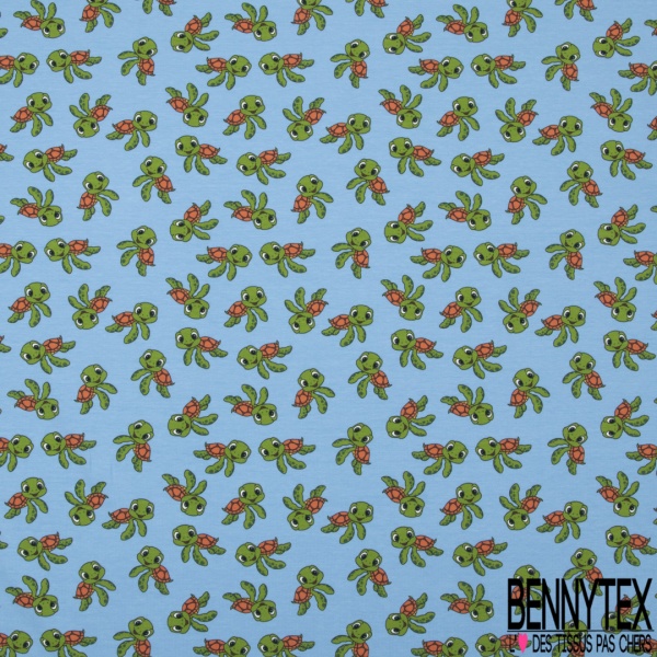 Jersey Coton Elasthanne motif petites tortues rigolotes fond bleu calme