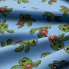 Jersey Coton Elasthanne motif petites tortues rigolotes fond bleu calme