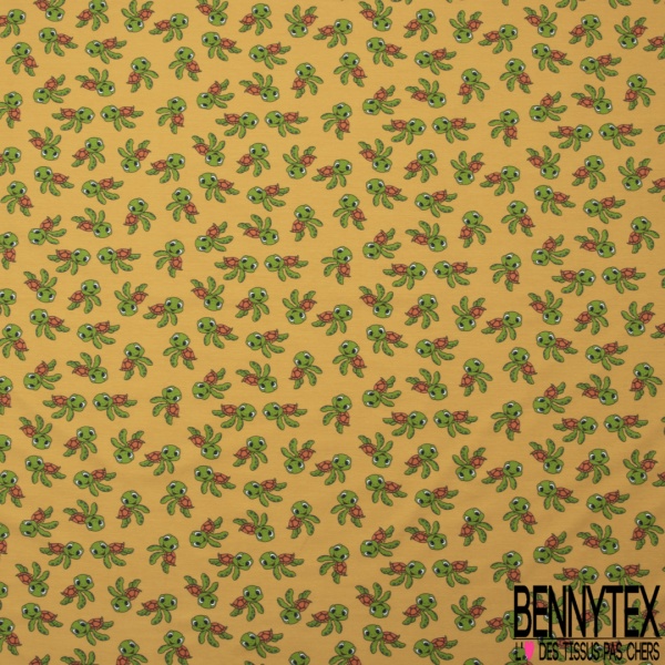 Jersey Coton Elasthanne motif petites tortues rigolotes fond jaune d'oeuf