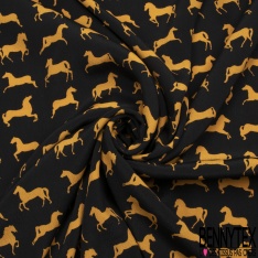 Crêpe viscose imprimé floral rétro fond noir