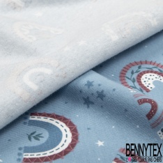 Jersey Coton Elasthanne motif arc en ciel fantaisie fond bleu de rêve