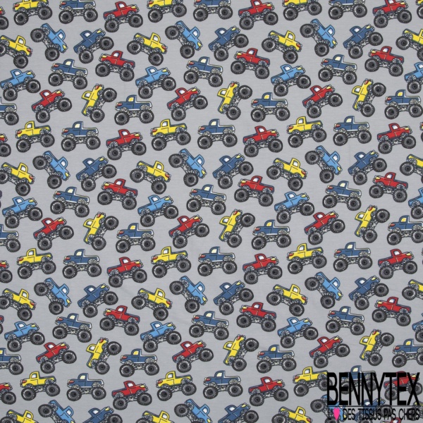 Jersey Coton Elasthanne motif monster trucks multicolore fond noir