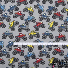 Jersey Coton Elasthanne motif monster trucks multicolore fond noir