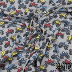 Jersey Coton Elasthanne motif monster trucks multicolore fond noir