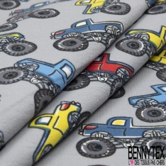 Jersey Coton Elasthanne motif monster trucks multicolore fond noir