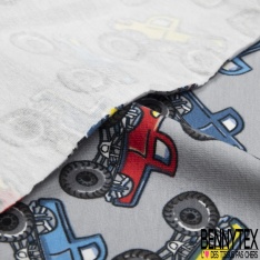 Jersey Coton Elasthanne motif monster trucks multicolore fond noir