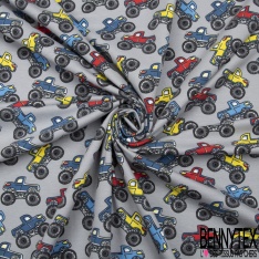 Jersey Coton Elasthanne motif monster trucks multicolore fond noir