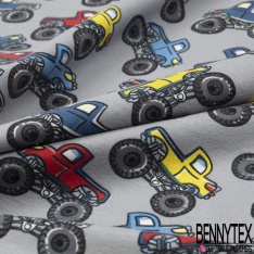 Jersey Coton Elasthanne motif monster trucks multicolore fond noir