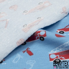 Jersey Coton Elasthanne motif véhicule de pompier fond bleu de rêve