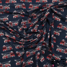 Jersey Coton Elasthanne motif camion de pompier grande échelle fond anthracite