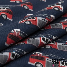 Jersey Coton Elasthanne motif camion de pompier grande échelle fond anthracite