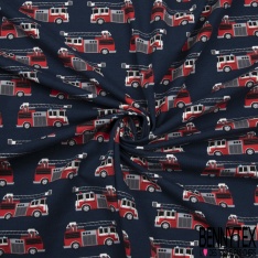 Jersey Coton Elasthanne motif camion de pompier grande échelle fond anthracite