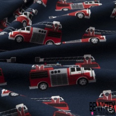 Jersey Coton Elasthanne motif camion de pompier grande échelle fond anthracite