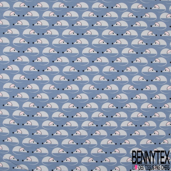 Jersey Coton Elasthanne motif petite souris mignonnette fond bleu crépuscule