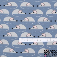 Jersey Coton Elasthanne motif petite souris mignonnette fond bleu crépuscule