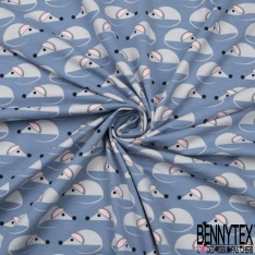 Jersey Coton Elasthanne motif petite souris mignonnette fond bleu crépuscule