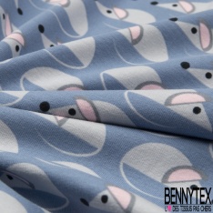 Jersey Coton Elasthanne motif petite souris mignonnette fond bleu crépuscule
