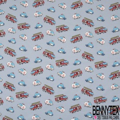 Jersey Coton Elasthanne motif police pompier ambulances fond gris pommelé