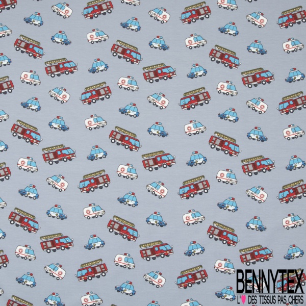 Jersey Coton Elasthanne motif police pompier ambulances fond gris pommelé