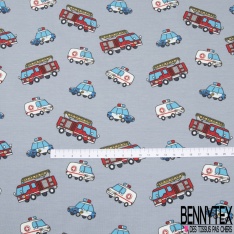 Jersey Coton Elasthanne motif police pompier ambulances fond gris pommelé
