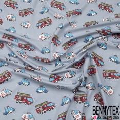 Jersey Coton Elasthanne motif police pompier ambulances fond gris pommelé