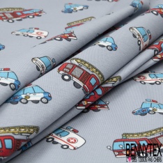 Jersey Coton Elasthanne motif police pompier ambulances fond gris pommelé