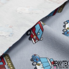 Jersey Coton Elasthanne motif police pompier ambulances fond gris pommelé