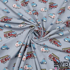 Jersey Coton Elasthanne motif police pompier ambulances fond gris pommelé