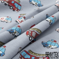 Jersey Coton Elasthanne motif police pompier ambulances fond gris pommelé