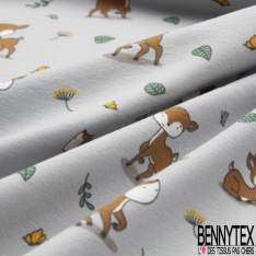 Jersey Coton Elasthanne motif petit faon mignon fond lilas français
