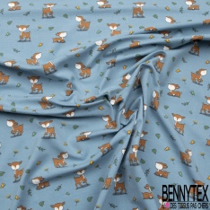 Jersey Coton Elasthanne motif petit faon mignon fond gris perle
