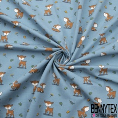 Jersey Coton Elasthanne motif petit faon mignon fond gris perle