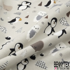 Jersey Coton Elasthanne motif petit pingouin manchot ours phoque fond matin glacial