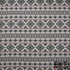 Coupon 3m jacquard laine coton viscose imprimé inca noir sang de taureau fond blanc discret