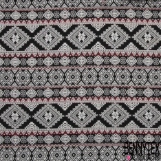 Coupon 3m jacquard laine coton viscose imprimé inca noir sang de taureau fond blanc discret