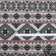 Coupon 3m jacquard laine coton viscose imprimé inca noir sang de taureau fond blanc discret