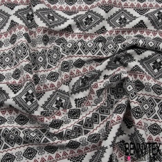 Coupon 3m jacquard laine coton viscose imprimé inca noir sang de taureau fond blanc discret