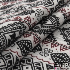 Coupon 3m jacquard laine coton viscose imprimé inca noir sang de taureau fond blanc discret