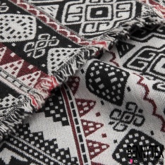 Coupon 3m jacquard laine coton viscose imprimé inca noir sang de taureau fond blanc discret