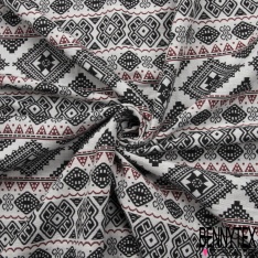 Coupon 3m jacquard laine coton viscose imprimé inca noir sang de taureau fond blanc discret